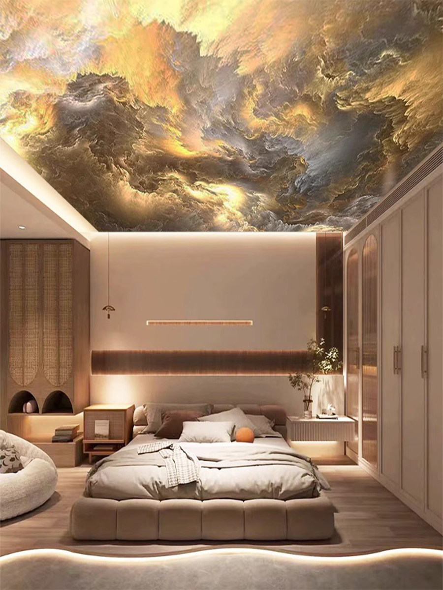 酒店星空顶天花板墙纸火烧云祥云屋顶壁纸民宿房间卧室吊顶3d墙布