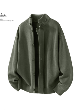 MSD 美式复古纯棉军绿色半高领开衫毛衣外套男秋冬新款宽松针织衫