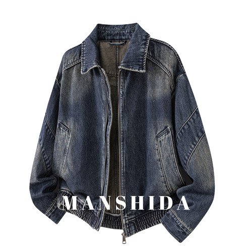 中古风水洗宽松牛仔外套男秋冬