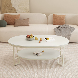 椭圆形岩板茶几轻奢现代简约客厅家用法式小户型白色奶油风双层桌