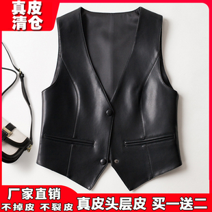 2025秋冬新款 坎肩背心 海宁真皮马甲女绵羊皮V领气质皮衣外穿无袖