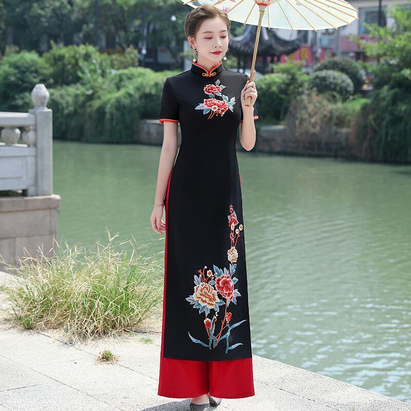 断码特价改良版奥黛连衣裙长款走秀旗袍舞台演出服复古中国风套装