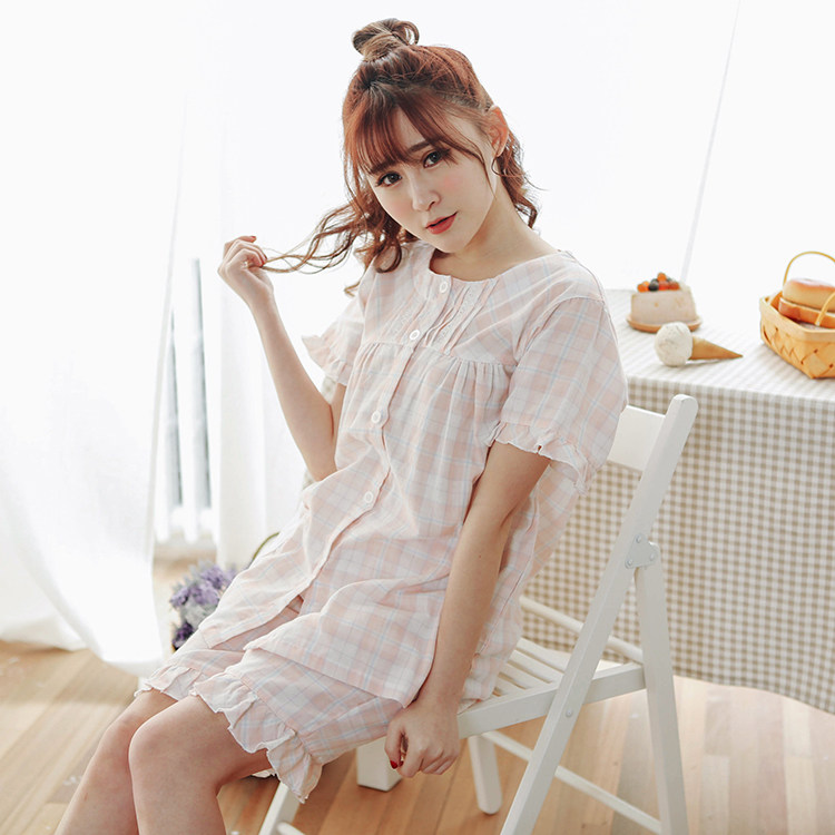 女士夏季睡衣短袖中裤家居全棉双层纱布格子薄款花边甜美公主日系
