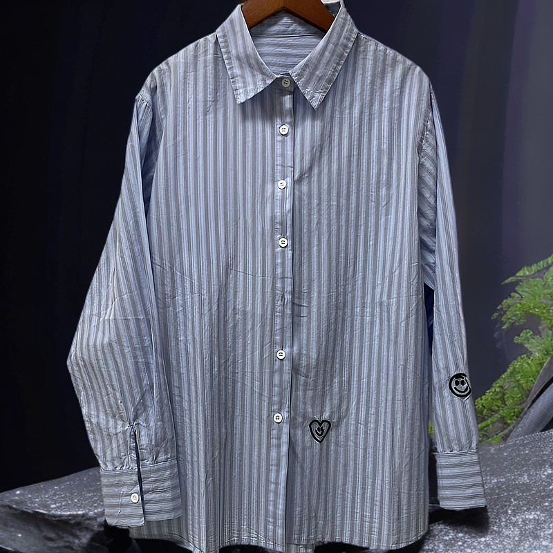 主播同款蓝色条纹刺绣休闲衬衫长袖薄款时尚女士衬衣