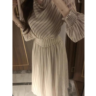 大方得体绝美漂亮收腰长裙 连衣裙女2025秋冬新款 法式 荡领条纹长袖