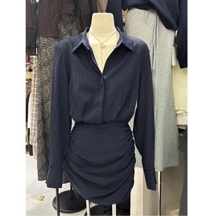 连衣裙气质褶皱长袖 通勤翻领蓝色条纹衬衫 包臀短裙潮 新款 2025秋季
