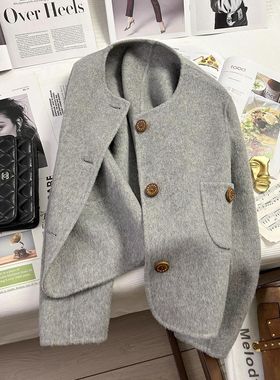 灰色双面呢子小香风短外套女士2025秋冬新款毛呢早春上衣加厚韩系