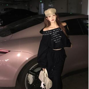 新款 裙字母一字肩卫衣抽绳半身裙两件套 字母设计感休闲运动套装