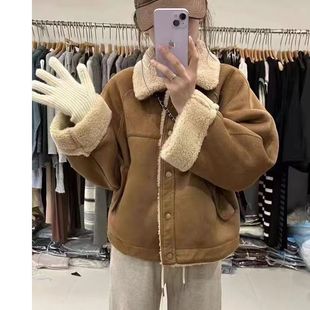 外套女秋冬款 宽松加厚保暖羊羔毛皮毛一体棉服上衣 美拉德穿搭短款