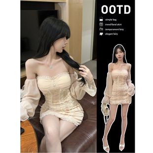 名媛收腰包臀短裙礼服 2025新款 绝美气质露肩长袖 抹胸连衣裙女秋季