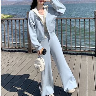 休闲运动蕾丝花边连帽蓝色卫衣套装 两件套洋气高级感 女春秋阔腿裤