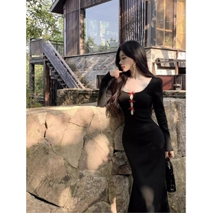 2025精选欧美法式 包臀长裙 辣妹茶歇蝴蝶结针织连衣裙黑色御姐修身