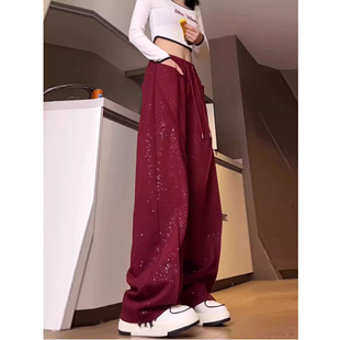 子高腰阔腿直筒长裤 满天星酒红色卫裤 潮牌hiphop裤 美式 男女春秋季