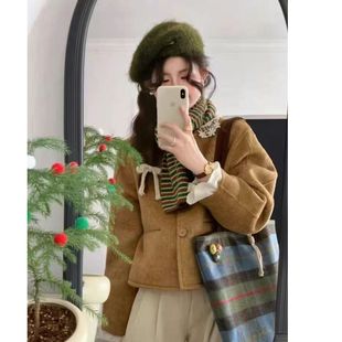 外套女 西装 短款 小个子圆领毛呢外套上衣双面羊绒大衣秋冬季