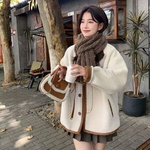 宽松 小个子韩版 颗粒绒皮毛一体羊羔毛外套女圆领撞色冬季 加绒短款