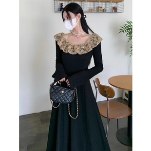连衣裙设计感蕾丝拼接气质长裙女 赫本风黑色长袖 大码 胖MM秋冬新款