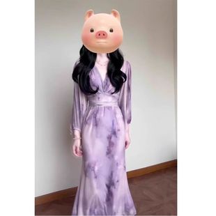 高级感气质收腰长裙子秋季 女人味温柔气质紫色长袖 连衣裙茶歇法式