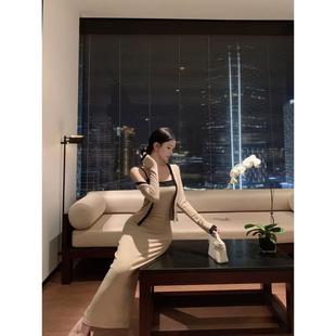 外套女秋季 开衫 吊带连衣裙包臀裙子两件套 宽松撞色长袖 名媛风套装