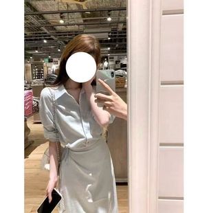 连衣裙 蓝色系带束腰衬衫 秋季 简单大级感穿搭重要场合漂亮法式