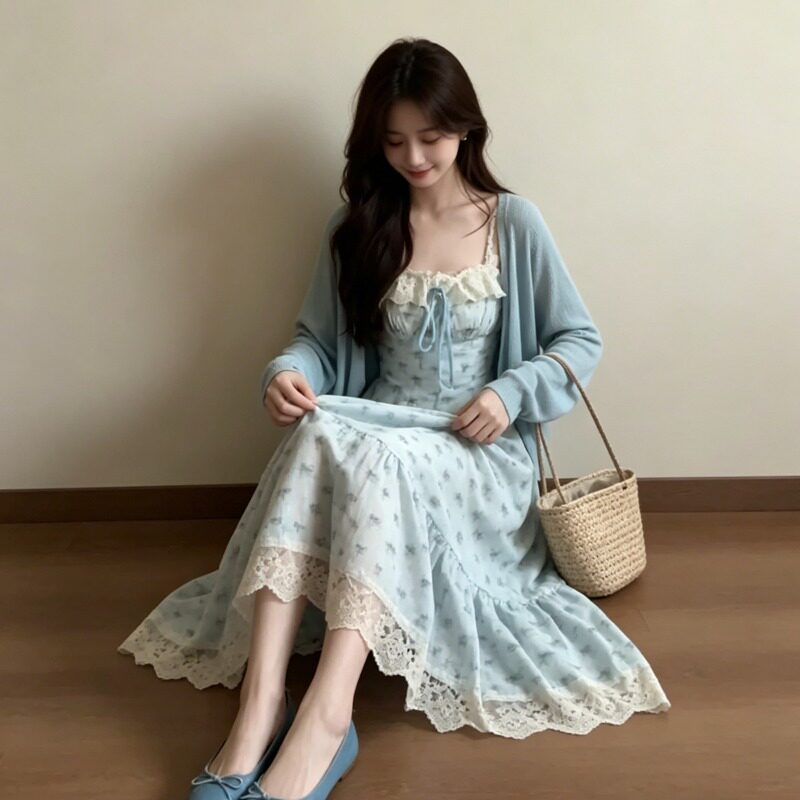 2026新款夏季法式甜美蓝色蕾连衣裙