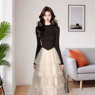 修身 秋季 撞色拼接连衣裙2025早秋款 长袖 显瘦减龄高贵气质裙子 新款