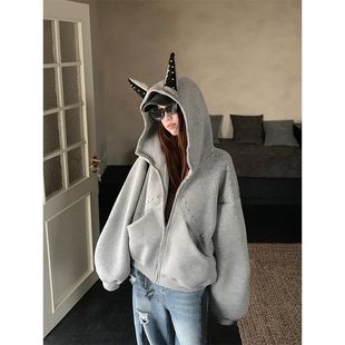 外套 潮牌设计感杜宾犬情侣开衫 美式 复古重磅灰色连帽卫衣男女秋季