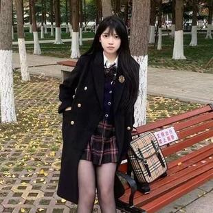 学院风双排扣大衣黑色毛呢外套中长款 jk辣妹校供感学院风制服修身