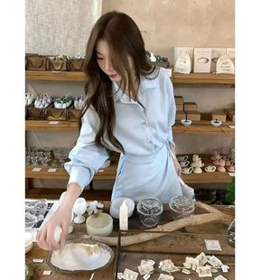 连衣裙 蓝色系带束腰衬衫 秋季 简单大级感穿搭重要场合漂亮法式