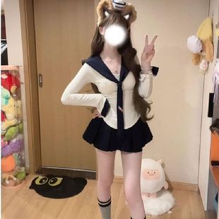 打底衫 学院风海军领上衣套装 长袖 纯欲修身 掐腰显瘦半身短裙 女秋季