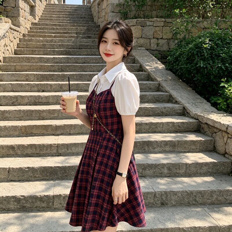 大码女装假两件泡泡袖格子吊带裙夏季胖MM甜美韩版减龄高腰连衣裙