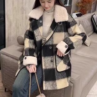 胖MM遮肉大衣 大码 加棉加厚格子拼接韩系显瘦毛呢外套2025新款 冬季