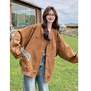 复古美式麂皮棒球服外套女秋季2025新款港式小众百搭休闲潮流上衣