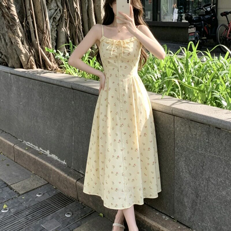 早春法式黄色碎花吊带裙子开衫女连衣裙