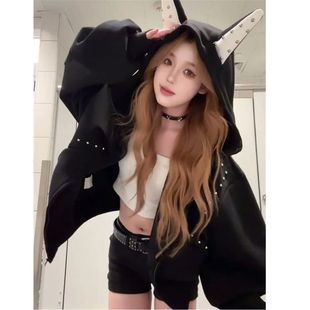 外套 甜酷设计感立体耳朵开衫 美式 拼接铆钉杜宾狗连帽卫衣秋冬新款