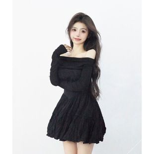 黑色一字肩长袖 连衣裙女春夏高腰公主蓬蓬裙小黑裙a字茶歇短裙子