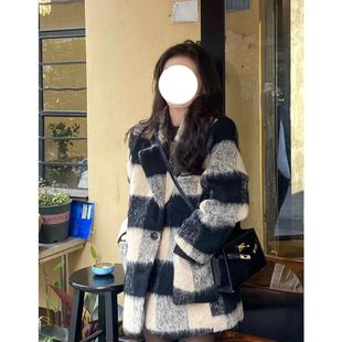 冬季 毛呢格子外套女秋冬加厚2025新款 百搭慵懒风大衣 复古西装 美式