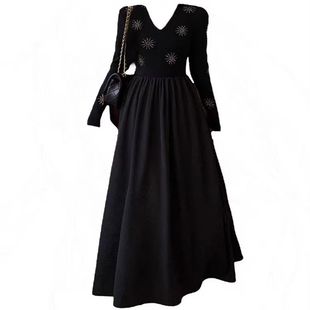 速卖通欧美风烫钻高腰连衣裙中长款 女装 潮 大码 2025新款