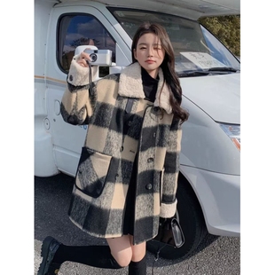 韩系设计感格纹立领夹棉加厚毛呢大衣气质赫本风小个子保暖外套女