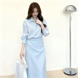 修身 开叉洋气收腰长袖 气质蓝色连衣裙裙子 拼接显瘦时尚 春秋新款