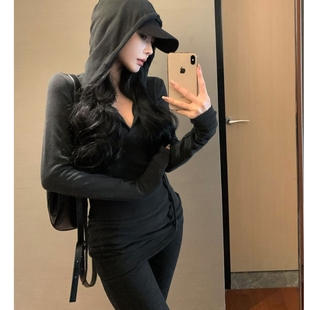 微喇叭直筒裤 休闲套装 卫衣外套女冬季 连帽长袖 灰色两件套 气质修身