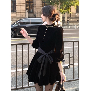 千金风黑色丝绒长袖 小个子短裙 连衣裙早秋系复古名媛气质修身