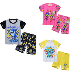 Steal A Brainrot衣服儿童短袖t恤短裤套装男女童夏季睡衣家居服