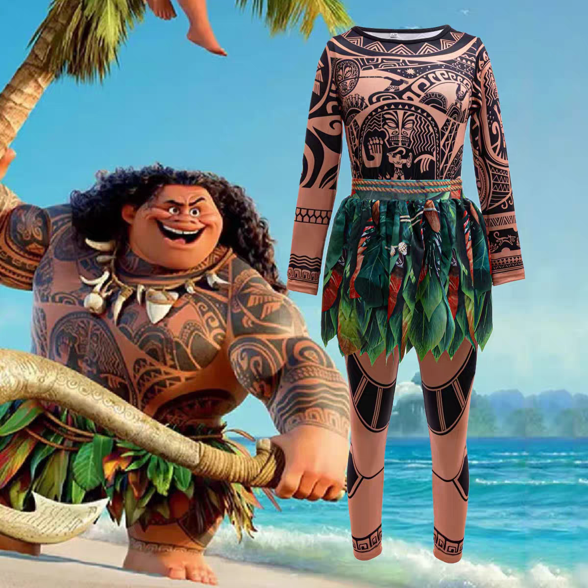 儿童的士尼装扮毛伊Maui Cos服Moana海洋奇缘纹身树叶演出服童装