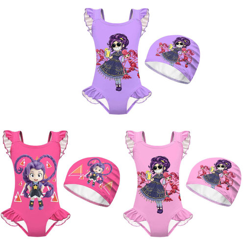 儿童泳衣cosplaybobi time lily人物印花连体花边沙滩温泉泳装