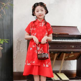 女童旗袍红色夏女孩民国风长裙夏季女宝新中式国风改良儿童演出服
