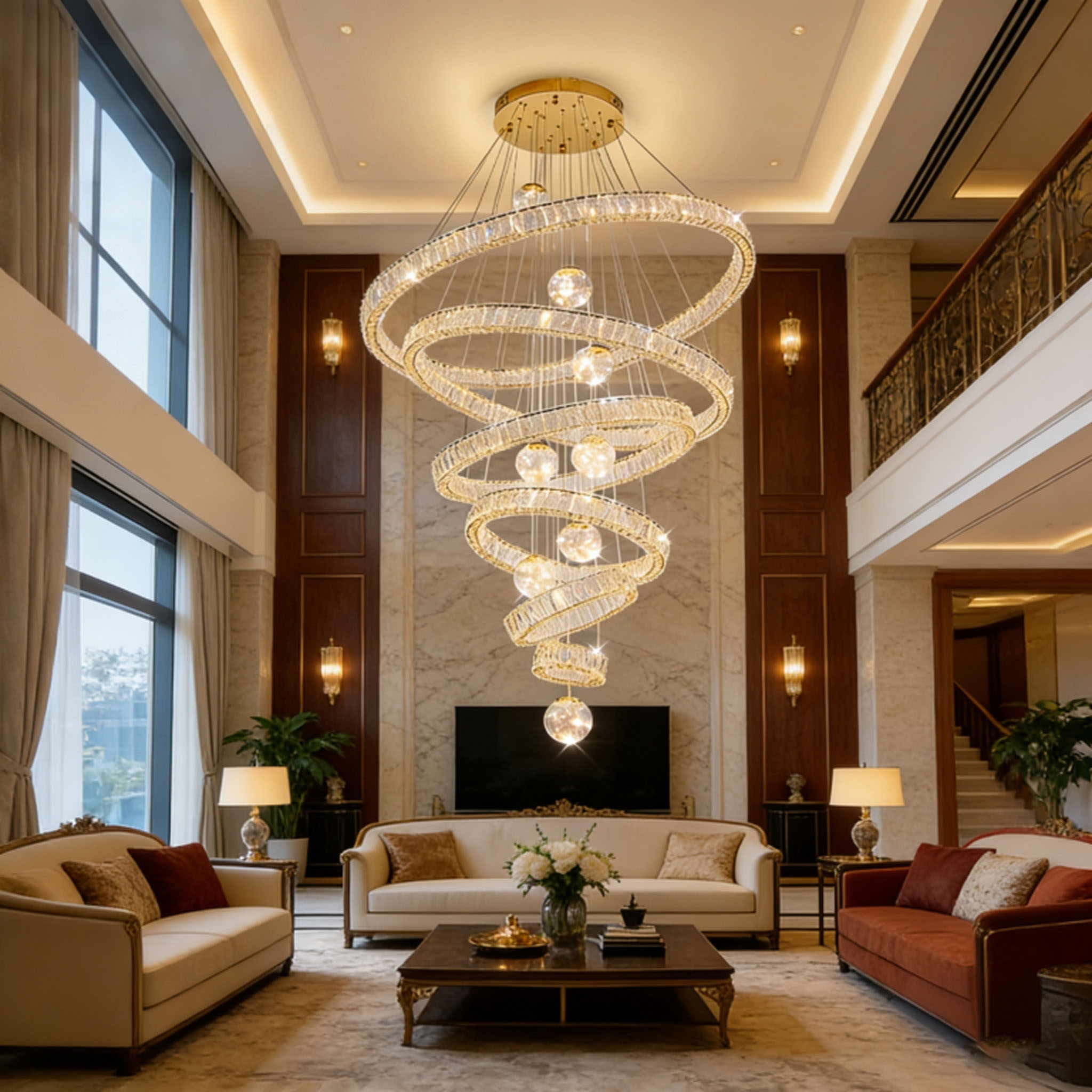 轻奢水晶复式挑空灯楼梯大吊灯现代简约多层圆环螺旋造型客厅灯具