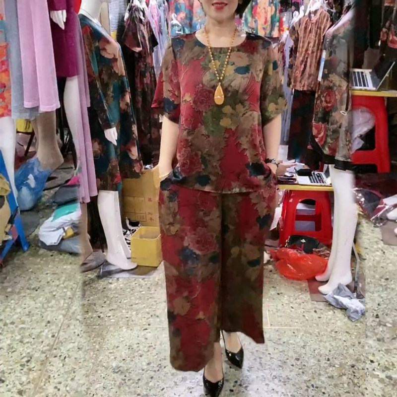 夏季新款真丝缎套装女中年妈妈装宽松大码短袖两件套加肥加大半袖