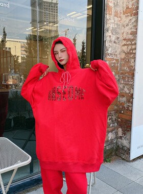 JL SUNFLOWER冬季红色宽松大码纯棉加厚连帽卫衣女中长款亮片外套