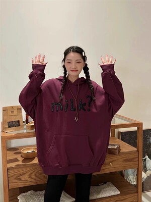 大码宽松刺绣字母连帽套头卫衣女