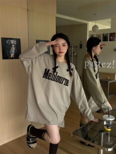 JL SUNFLOWER纯棉侧开叉刺绣字母长袖t恤女秋冬大码宽松打底衫ins